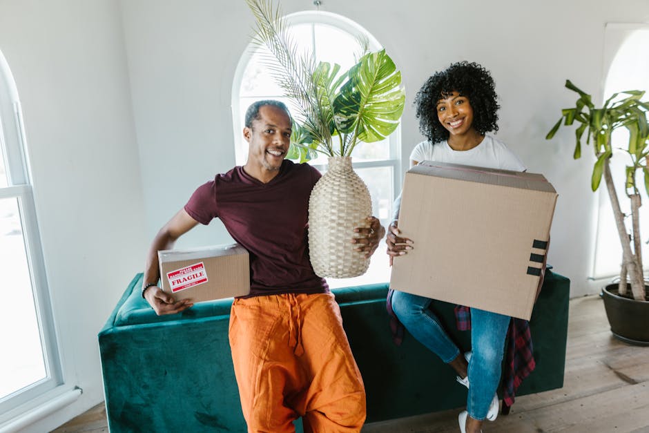 A man and a woman indoors during a home relocation process, both holding large cardboard boxes; the man is on the left wearing a maroon t-shirt and orange pants, holding a box labeled 'fragile' and a large woven vase with green leaves, while the woman on the right is dressed in a white top and jeans, sitting on a teal sofa, holding another large cardboard box. The room has white walls, a curved window in the background allowing natural light, and several potted plants, including a tall one beside the sofa. The scene captures the loading or unpacking stage of furniture transport and packing during house removals, supported by the presence of moving boxes and the work environment typical of a relocation service like Man With a Van Highbury.